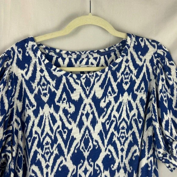 Chicos Size 3 XL Blue White Ikat Print Puff Sleeve Top Shirt Cotton Blend Boho‎ - Picture 3 of 8